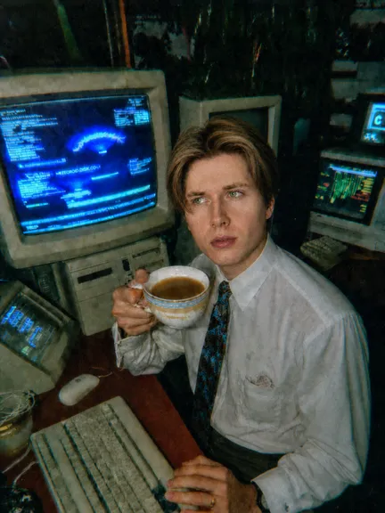 Gregor Tokarev at a desk of CRT monitors, holding a cup of coffee